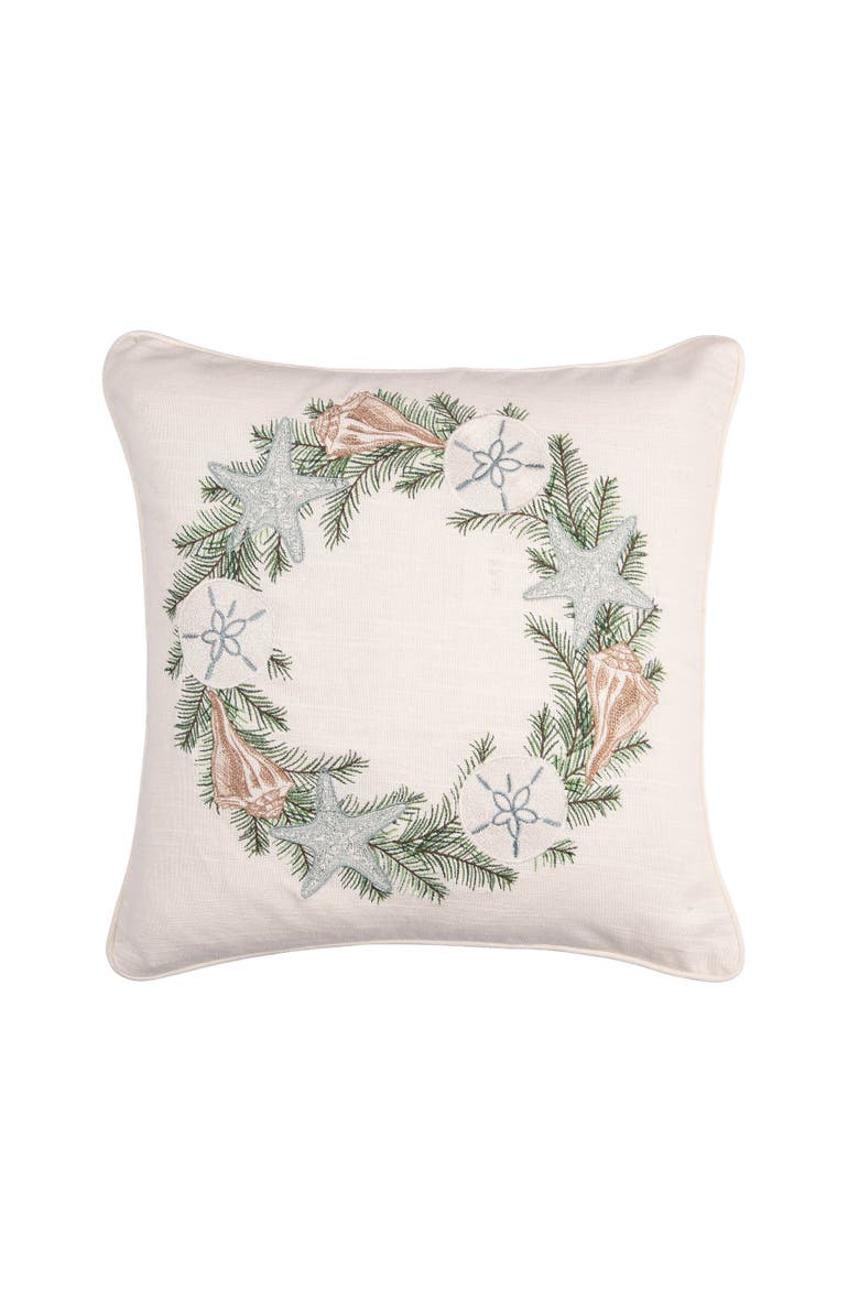 Shell Wreath Throw Pillow, 18" x 18", Main, color, Green