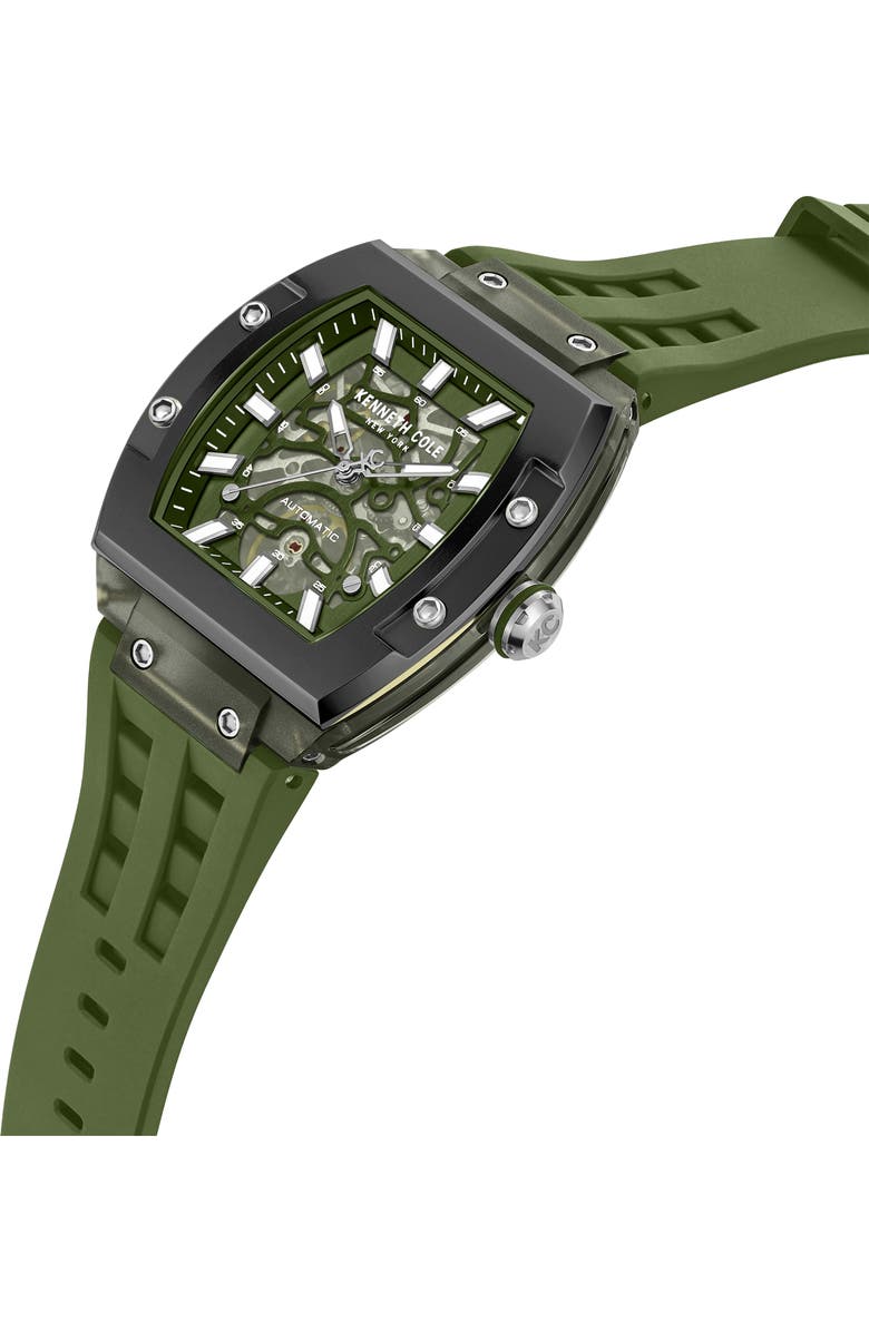 Kenneth Cole New York Skeleton Tonneau Automatic Silicone Strap Watch, 44mm x 56.2mm, Alternate, color, Green
