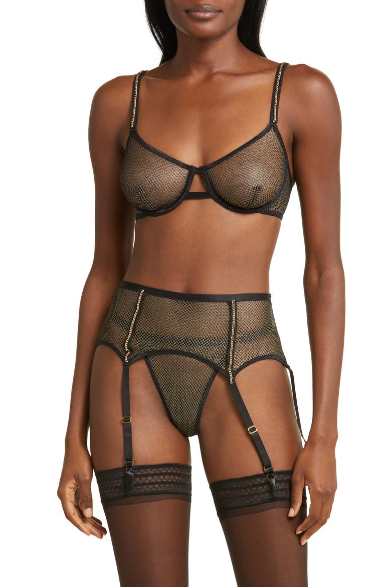 Shimmery Fishnet Thong & Garter Belt Set, Main, color, BLACK