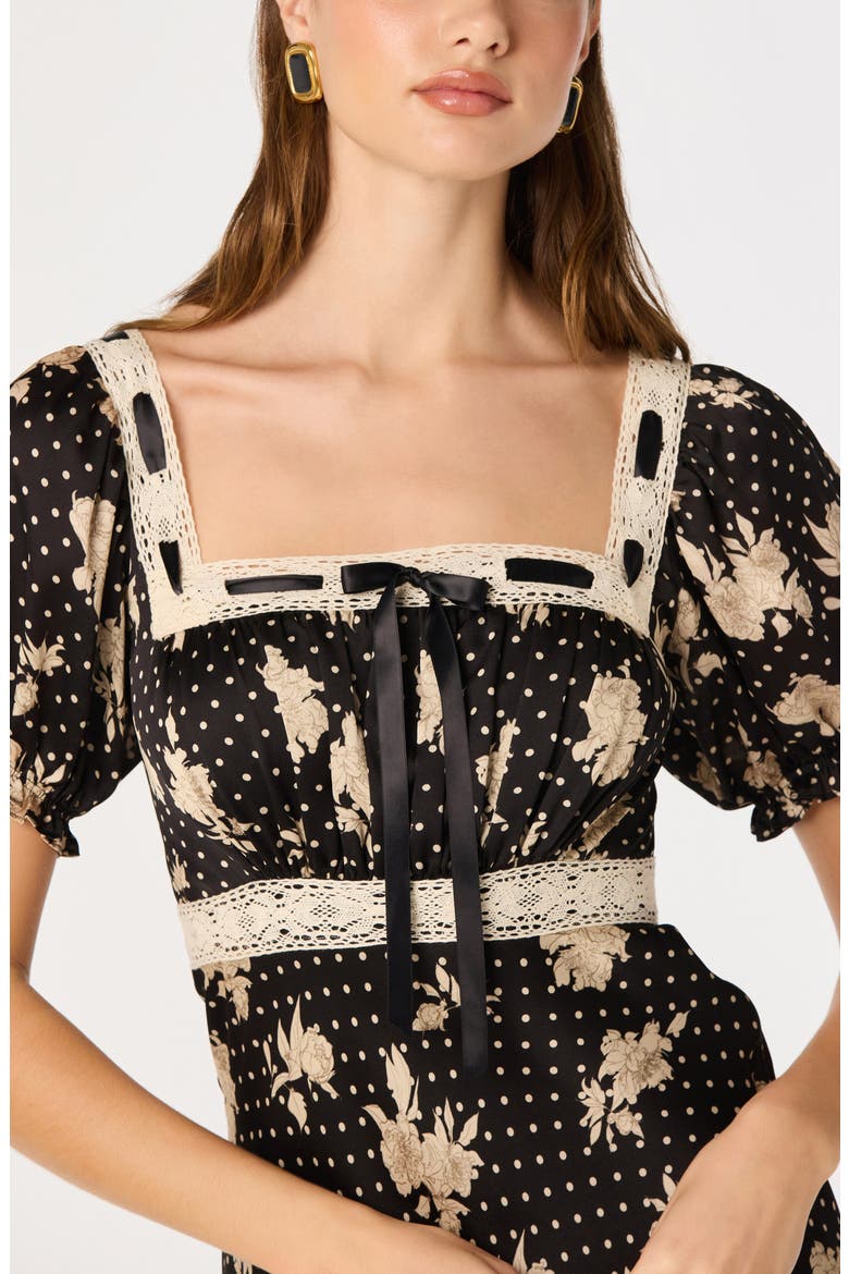 Kim Puffed Sleeve Lace Trimmed Midi Dress, Alternate, color, BLACK POLKA DOT