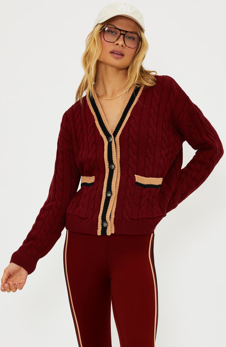 Beach Riot Gene Cable Stitch Cardigan, Alternate, color, Maroon Merlot Colorblock