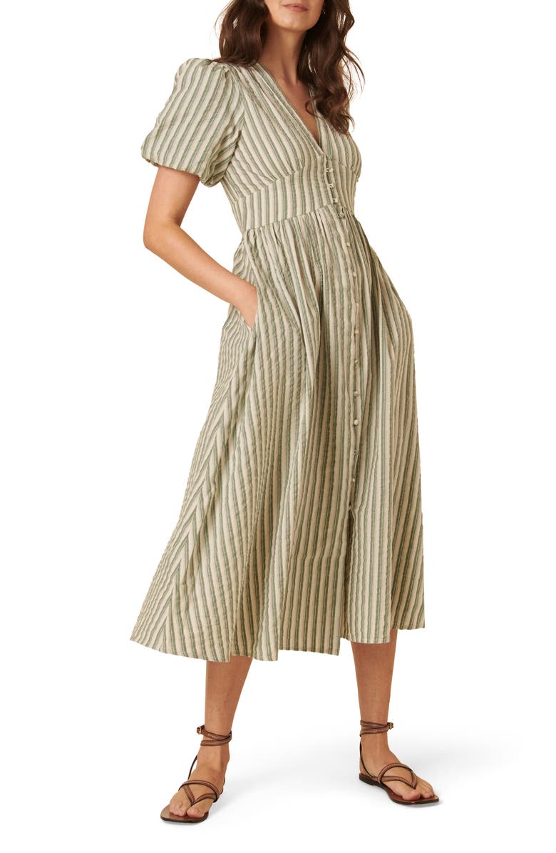 Nobody's Child Starlight Stripe Puff Sleeve Organic Cotton Midi Dress, Alternate, color,