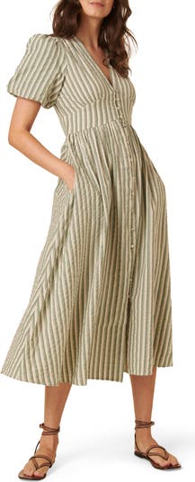 Starlight Stripe Puff Sleeve Organic Cotton Midi Dress