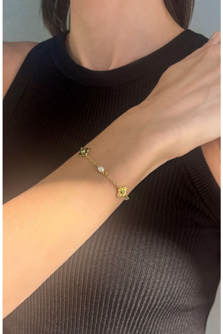 14K Gold Plated Freshwater Pearl & Flower Station Chain Bracelet, Alternate, color, GOLD/ WHITE