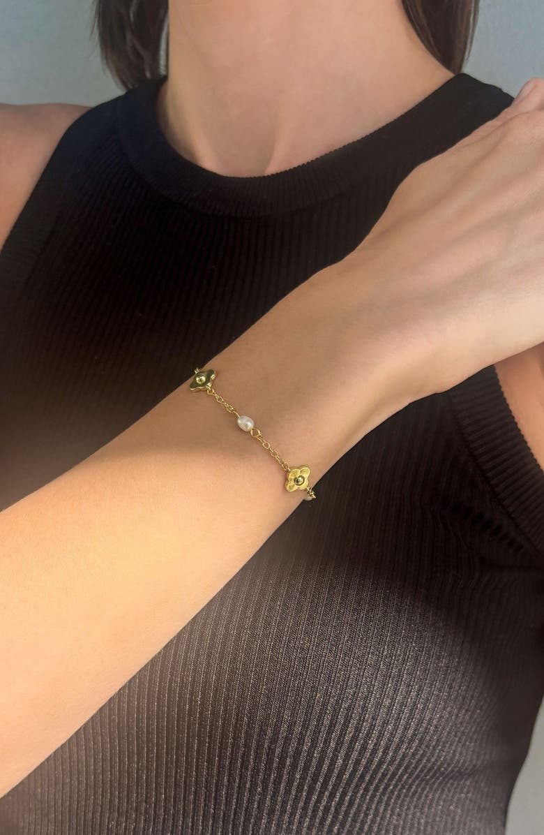 Adornia 14K Gold Plated Freshwater Pearl & Flower Station Chain Bracelet, Alternate, color, Gold/ White