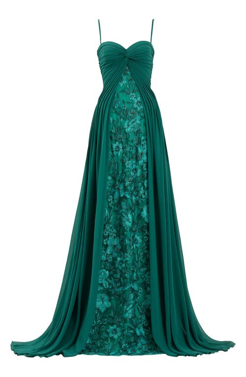 Tadashi Shoji Monte Chiffon Overlay Embroidered Gown In Emerald
