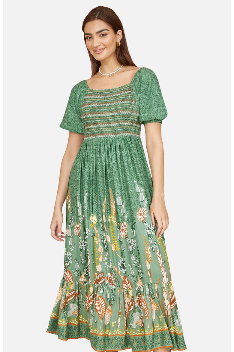 Ruched Leaf Print Maxi Dress, Alternate, color, Green