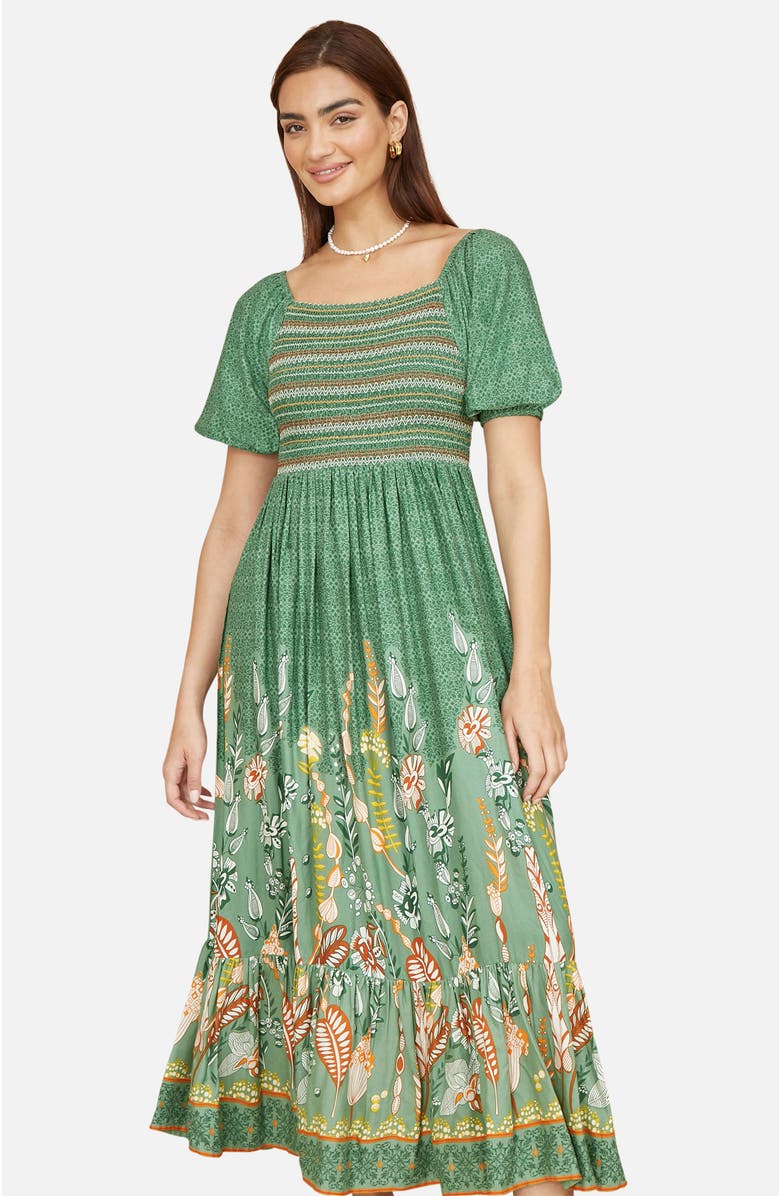 Yumi Ruched Leaf Print Maxi Dress, Alternate, color, Green
