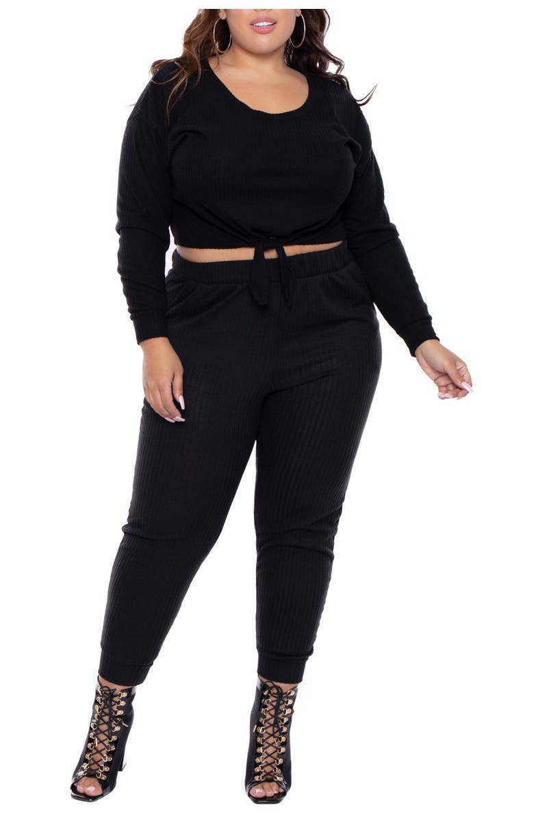 Curvy Sense Tie Front Top & Jogger 2-Piece Set, Main, color, 