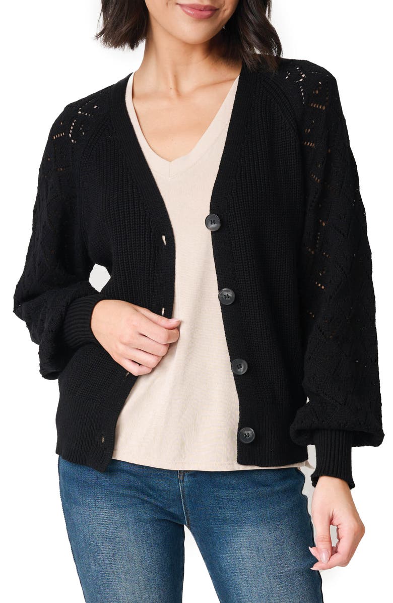 GIBSONLOOK Gigi Pointelle Stitch Cotton Cardigan, Main, color, Black