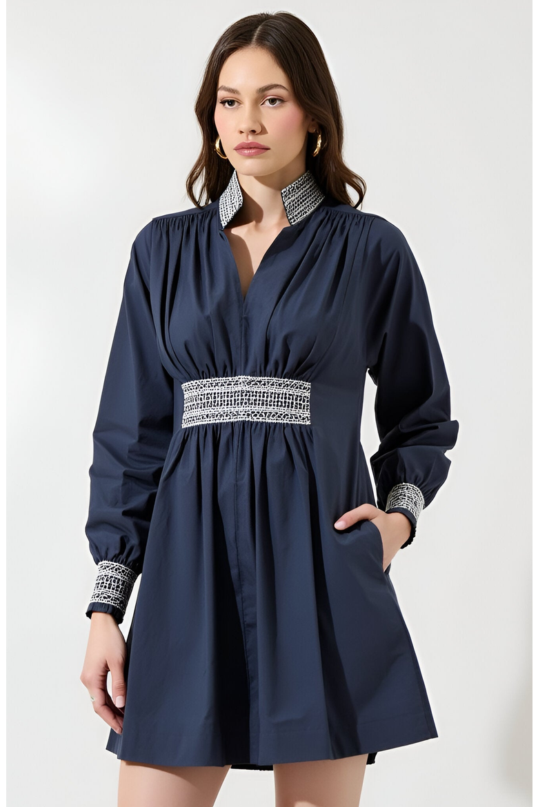 Long Sleeve Mini Dress with Embroidered Waist, Cuffs and Collar, Main, color, Blue