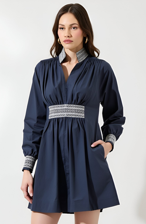 Long Sleeve Mini Dress with Embroidered Waist, Cuffs and Collar
