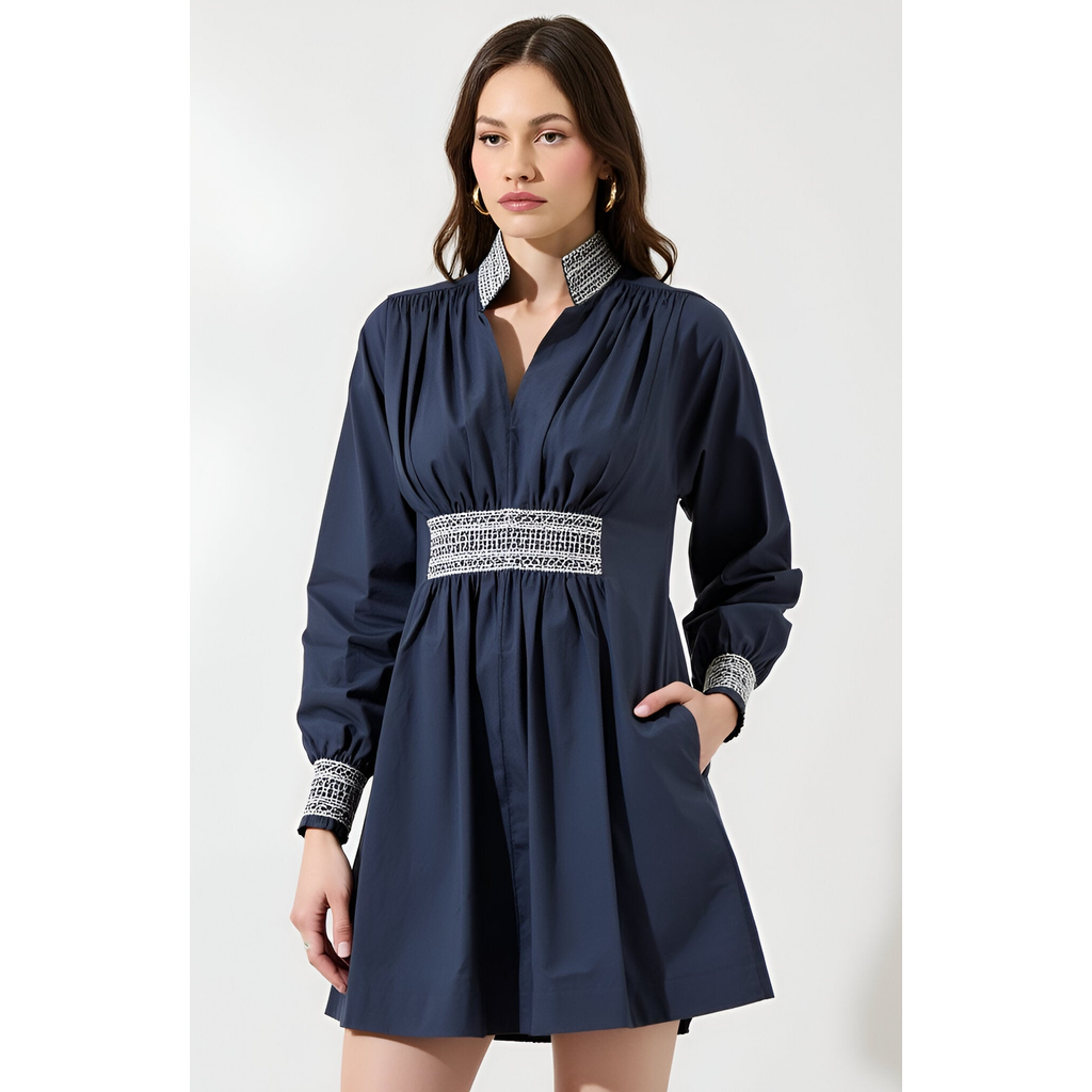 Modenaire Long Sleeve Mini Dress With Embroidered Waist, Cuffs And Collar In Blue
