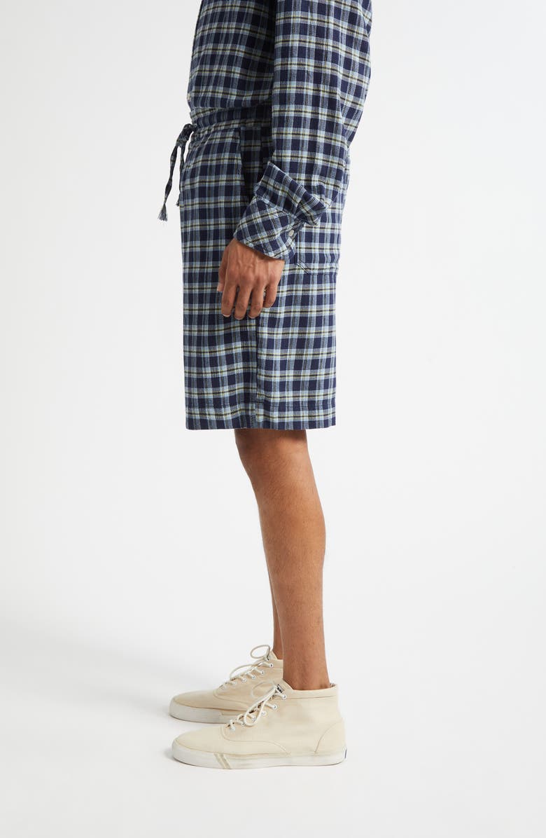 The Elder Statesman Dune Plaid Fringe Cotton Drawstring Beach Shorts, Alternate, color, Navy