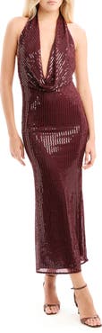 Bardot Nola Beaded Sequin Cowl Halter Maxi Dress