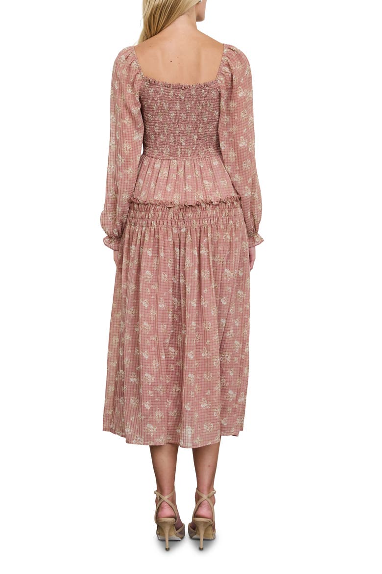 Smocked Long Sleeve Midi Dress, Alternate, color, BRICK MULTI