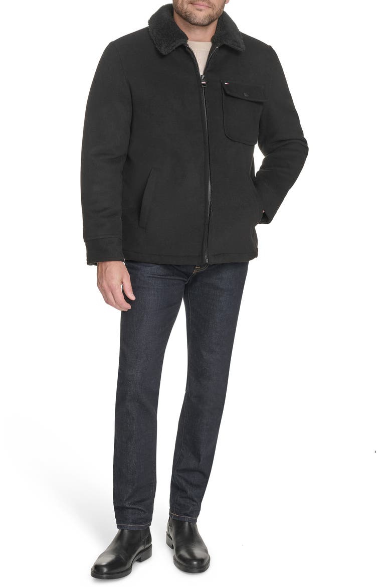 Laydown Shirt Jacket with Faux Fur Collar, Alternate, color, BLACK