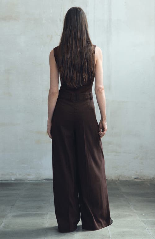 Mango Pinstripe Sleeveless Wide Leg Jumpsuit In Brown