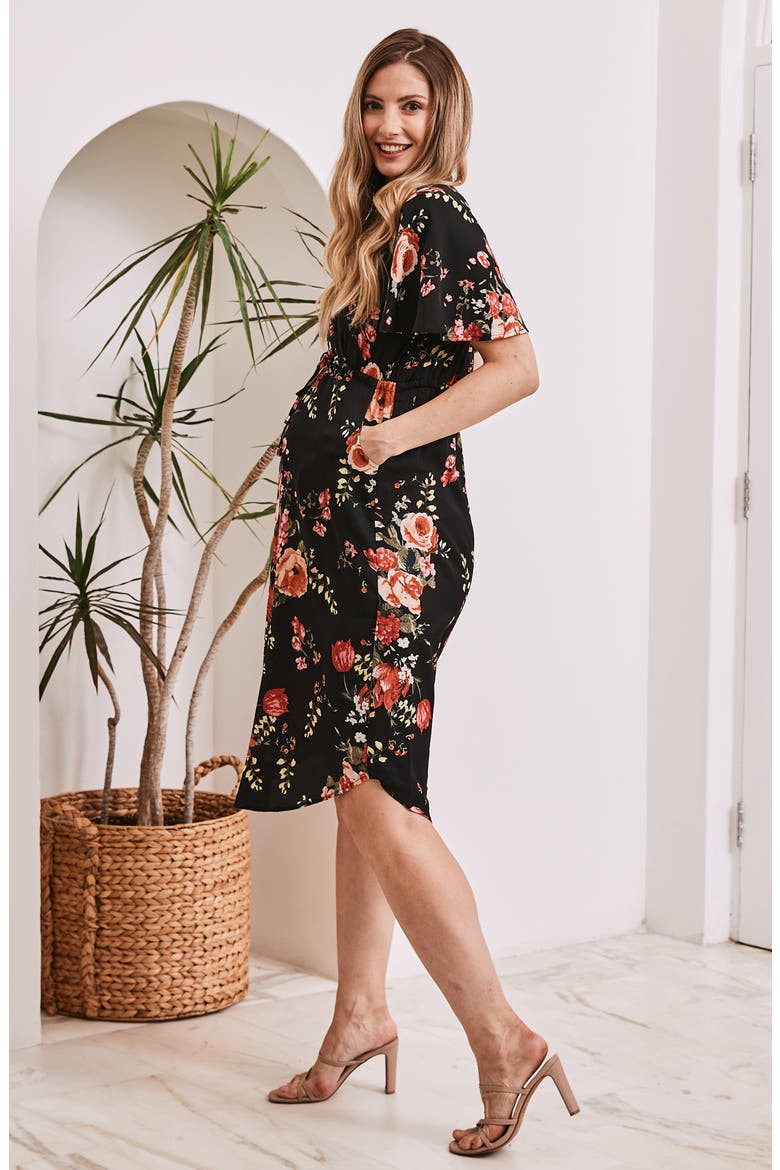 Floral Drawstring Maternity Dress, Alternate, color, BLACK