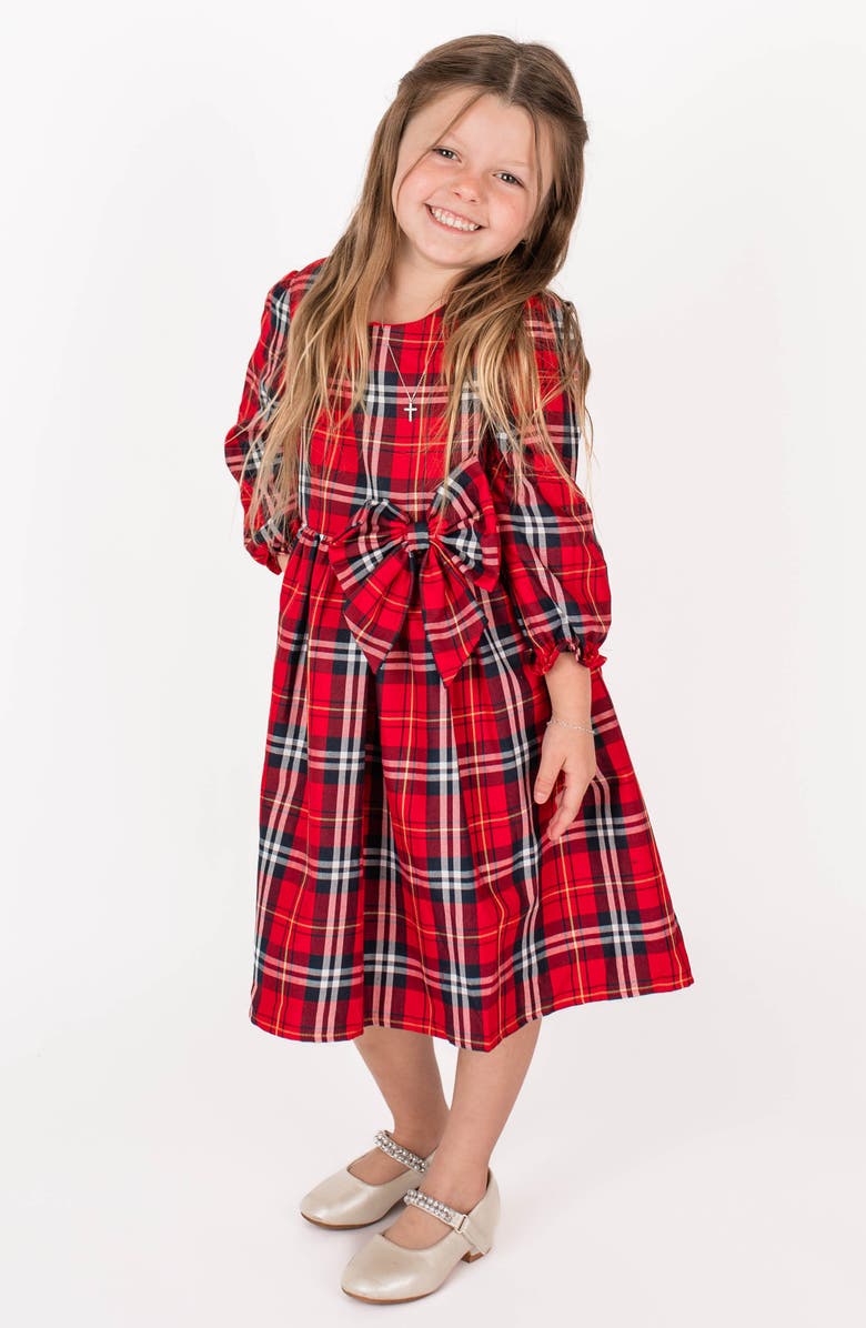 Popatu Kids' Plaid Bow Accent Long Sleeve Cotton Dress, Alternate, color, 