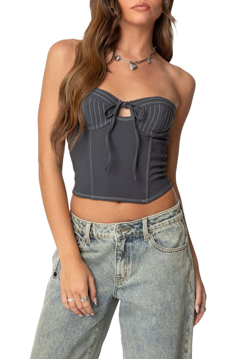 June Tie Front Strapless Corset Top, Main, color, DARK GRAY