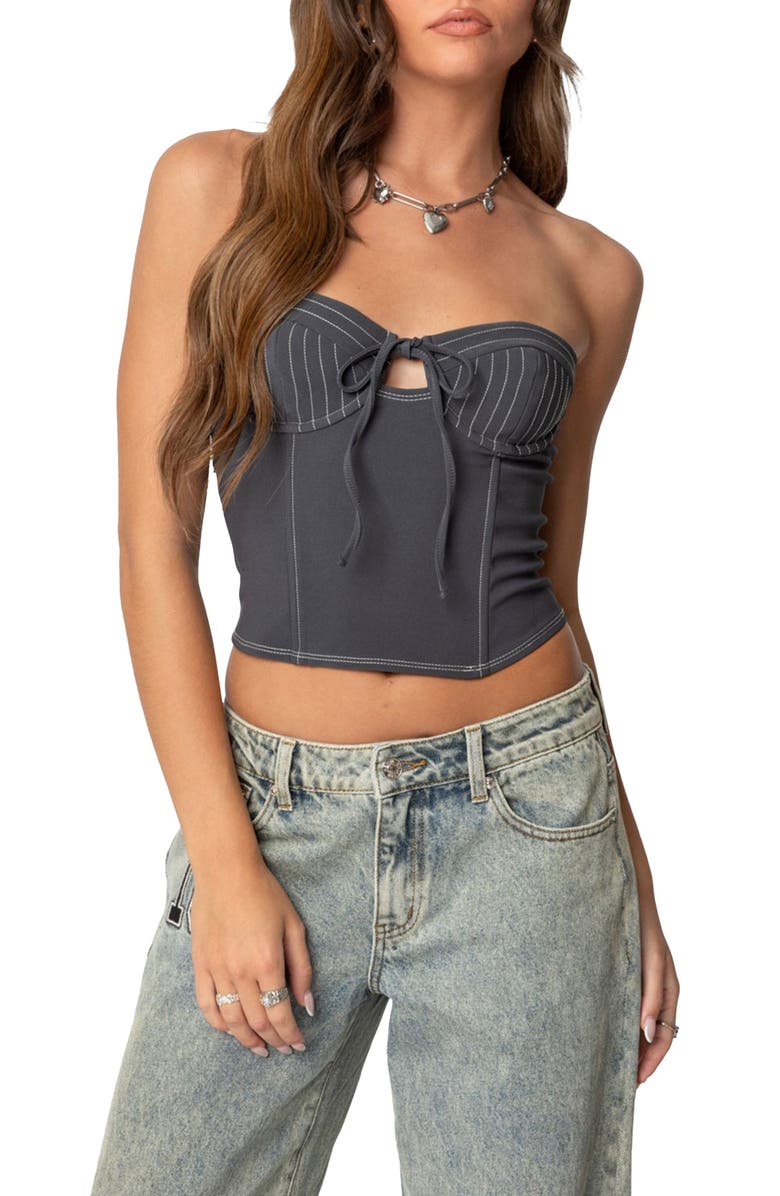 EDIKTED June Tie Front Strapless Corset Top, Main, color, Dark Gray