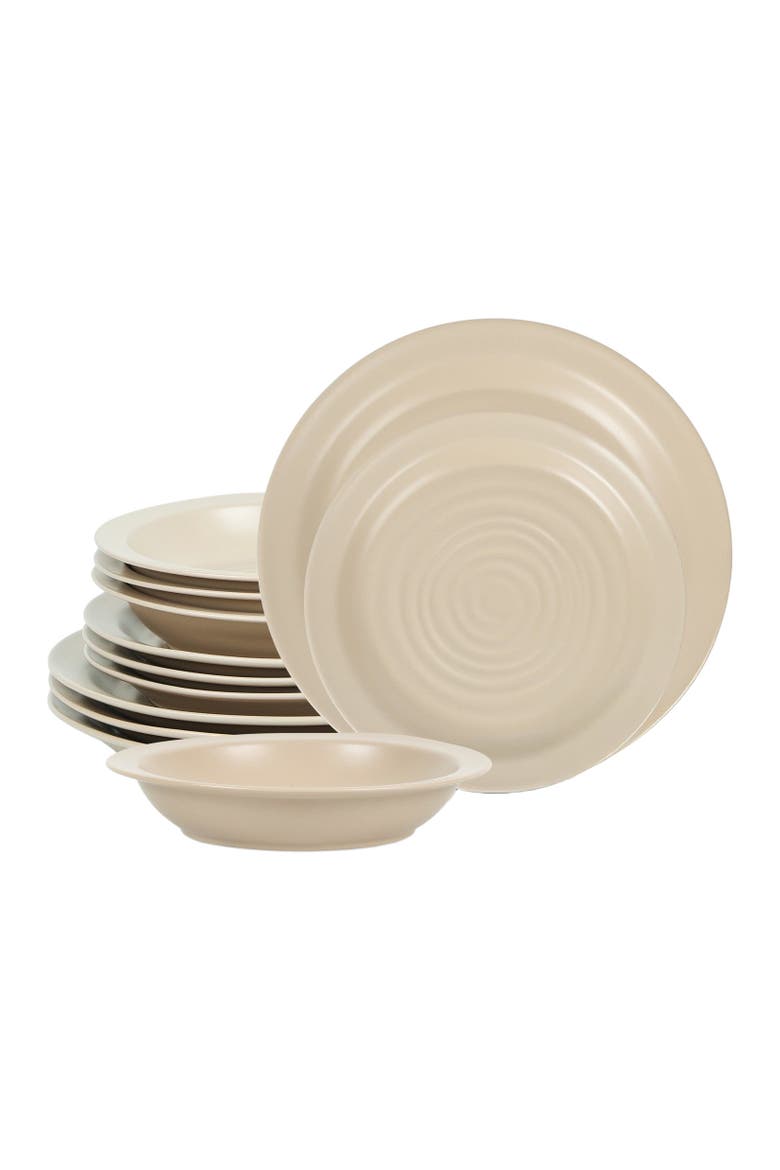 Orbit Stoneware 12-Piece Dinnerware Set with Pasta Bowls, Main, color, Beige