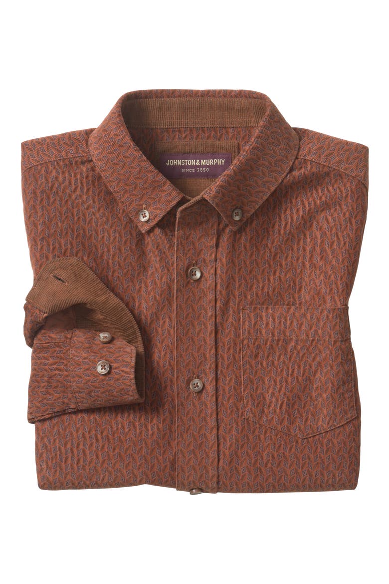 Kids' Geo Print Corduroy Button-Down Shirt, Alternate, color, RUST