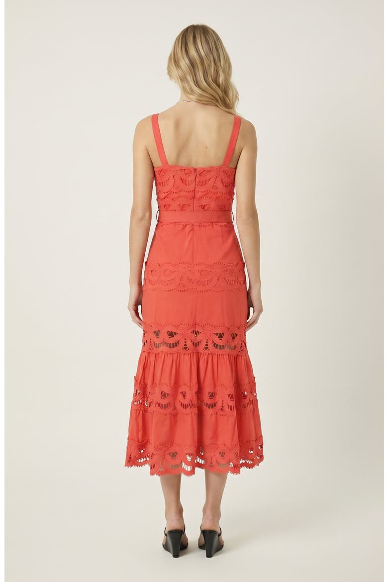 Belted Lace Inset Midi Dress with Square Neck and Tiered Skirt, Alternate, color, Red