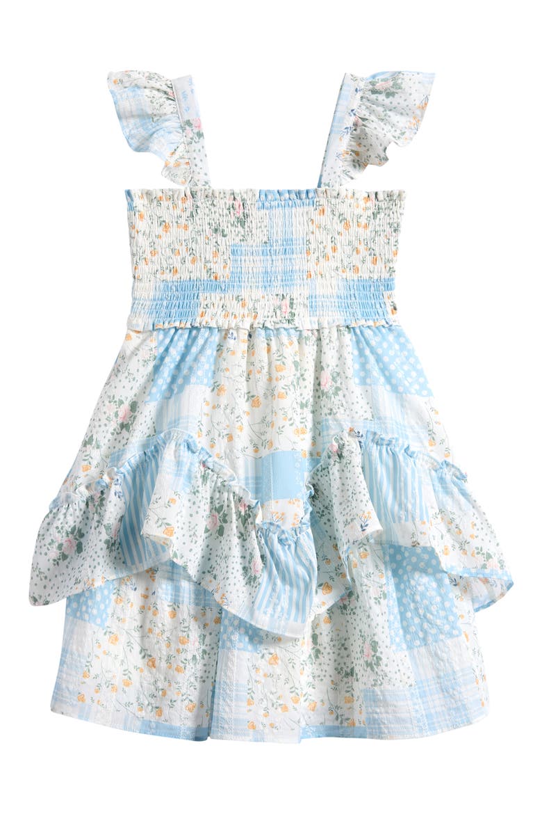 Kids' Flutter Sleeve Patchwork Print Smocked Bodice Party Dress, Main, color, BLUE IVORY