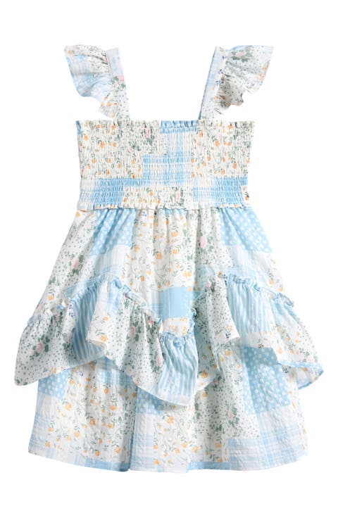 Kids' Flutter Sleeve Patchwork Print Smocked Bodice Party Dress (Little Kid)