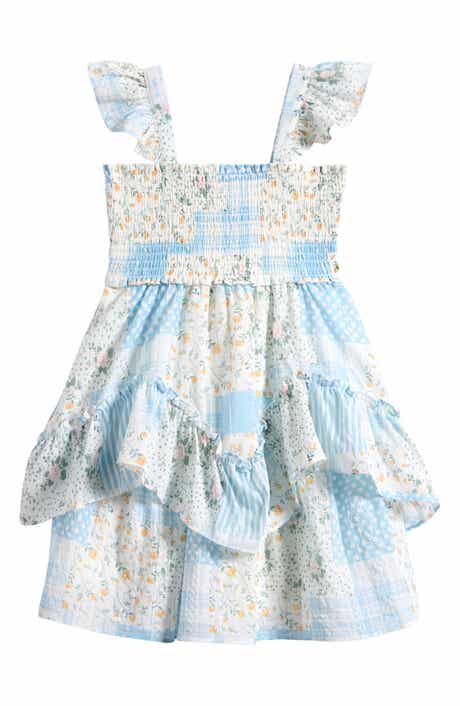 Kids' Flutter Sleeve Patchwork Print Smocked Bodice Party Dress