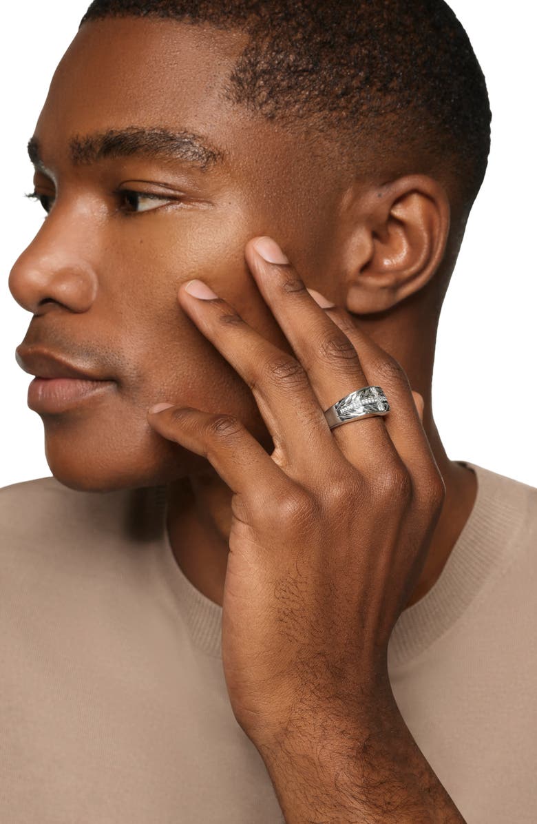 David Yurman Chevron Three Sided Signet Ring, Sterling Silver with Diamonds, 12.5mm, Alternate, color, Silver Pave