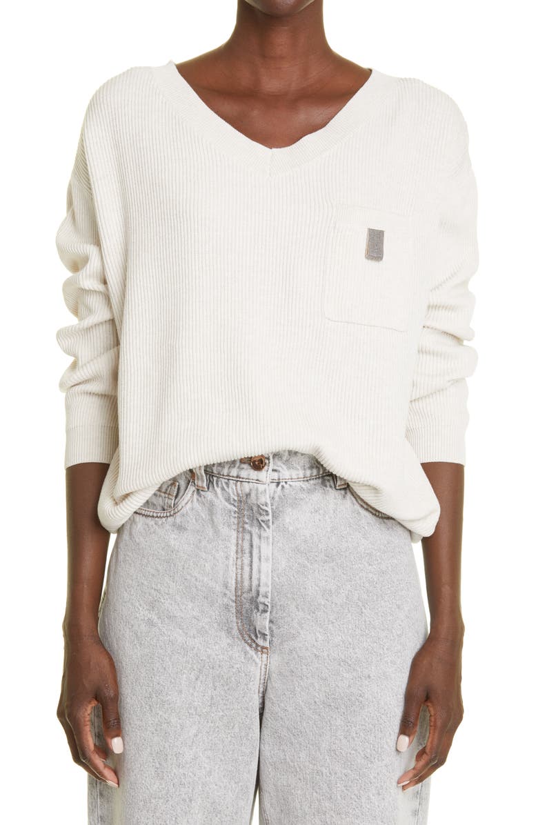 Brunello Cucinelli Pocket V-Neck Rib Sweater, Main, color,