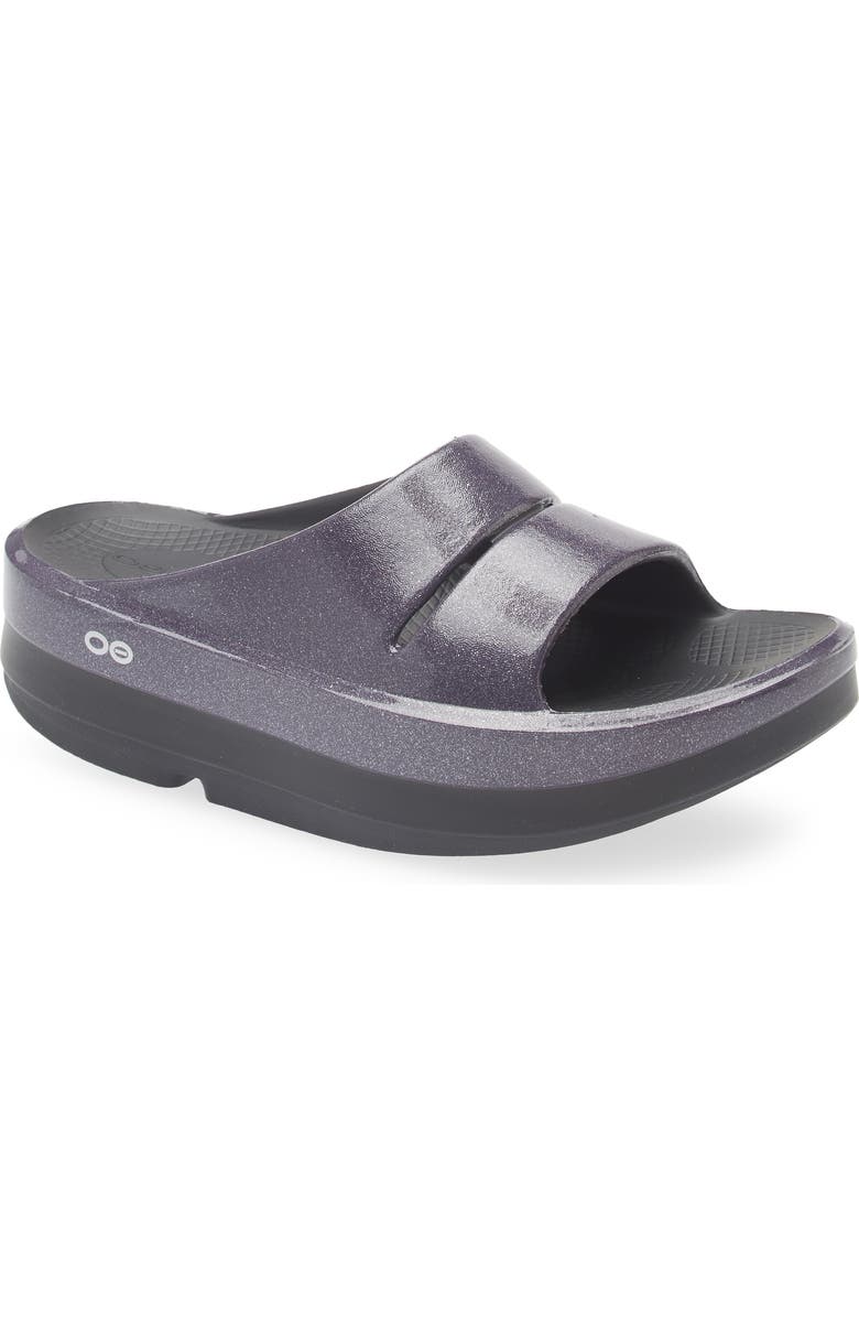 Oofos OOmega OOahh Slide Sandal, Main, color, Black/ Amethyst Sparkle