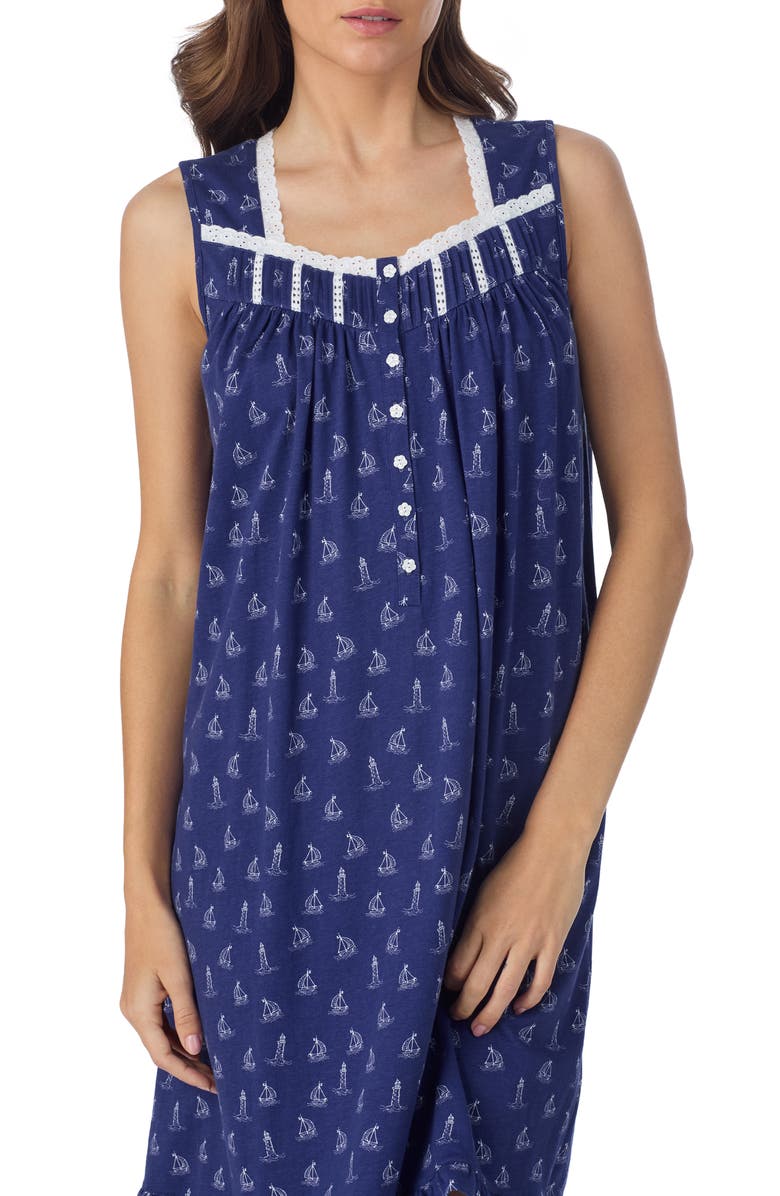 Eileen West Sleeveless Cotton Jersey Nightgown, Alternate, color, Navy
