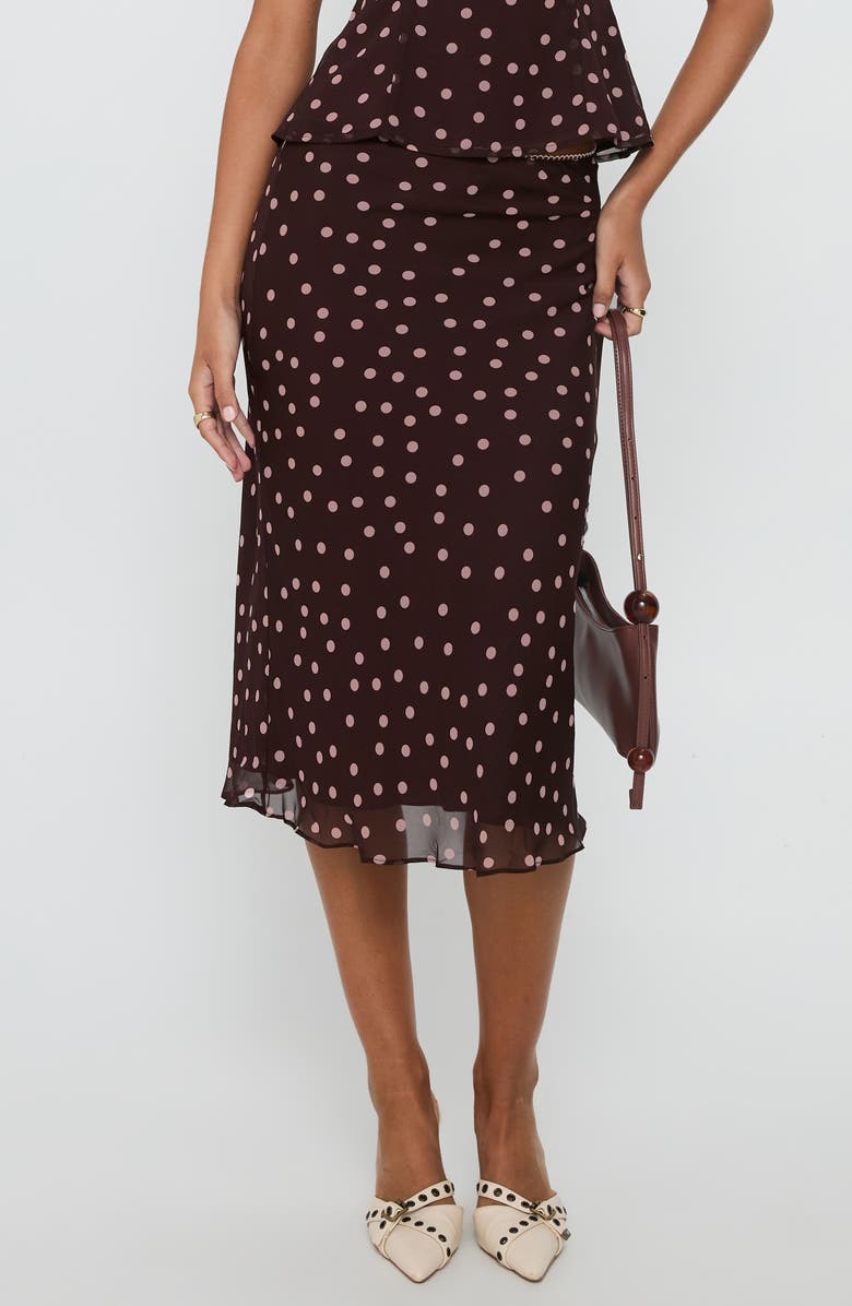 Princess Polly Sydni Dot Bias Cut Midi Skirt, Main, color, Chocolate/ Pink Polka