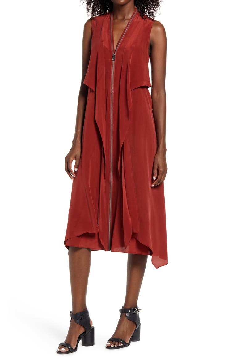 Jayda Exposed Zip Sleeveless Silk Dress, Alternate, color, RUST RED