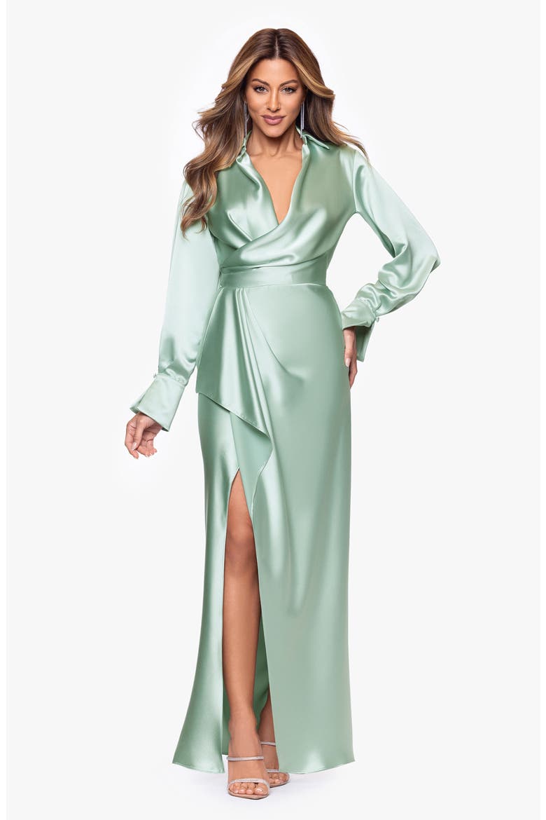 Collar Long Sleeve Satin Gown, Alternate, color, SAGE