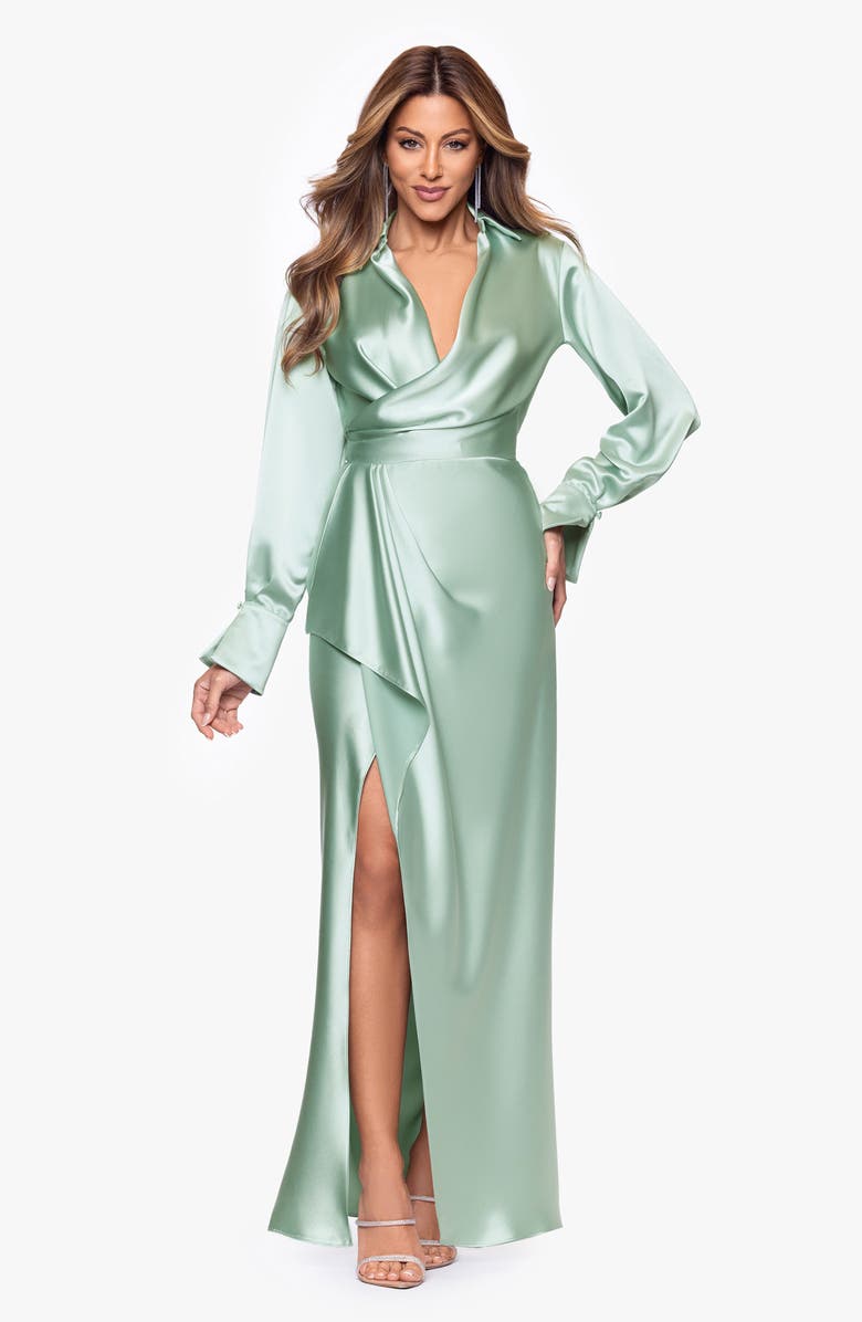 Xscape Evenings Collar Long Sleeve Satin Gown, Alternate, color, Sage