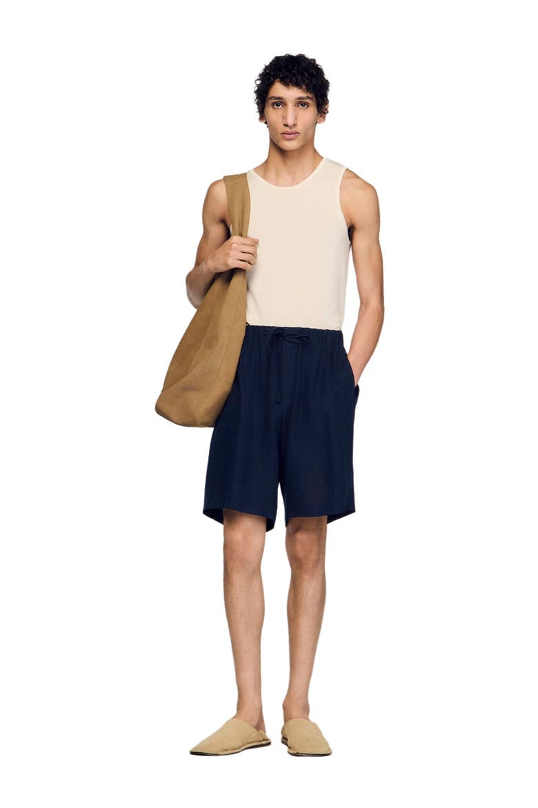Elastic waist linen shorts, Alternate, color, Navy blue