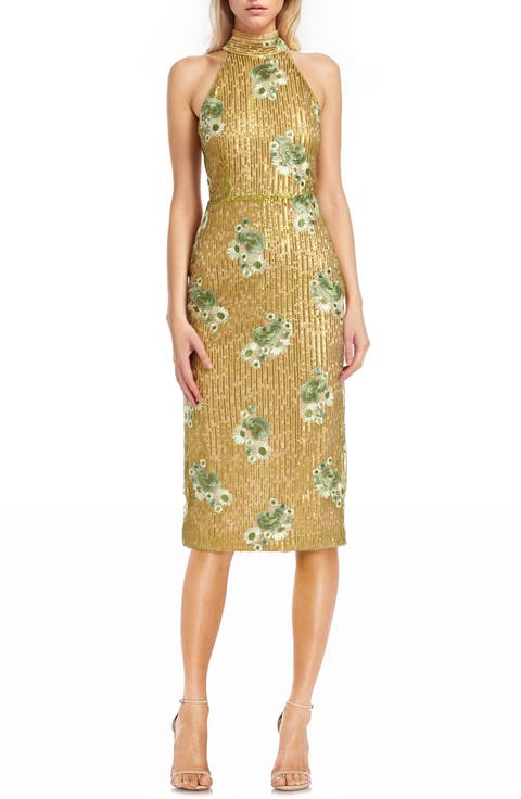 Floral Embroidery Sequin Sheath Dress