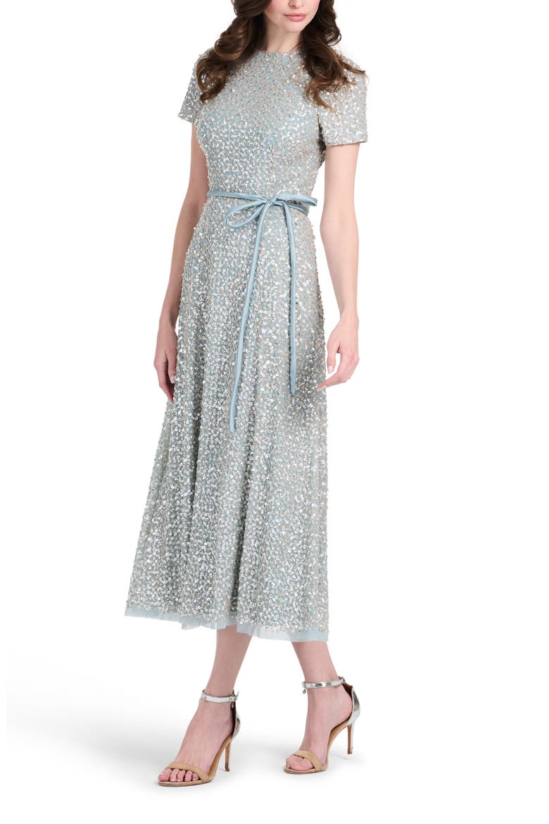 Sequin Encrusted Translucent Tie Waist Cocktail Dress, Alternate, color, LIGHT BLUE