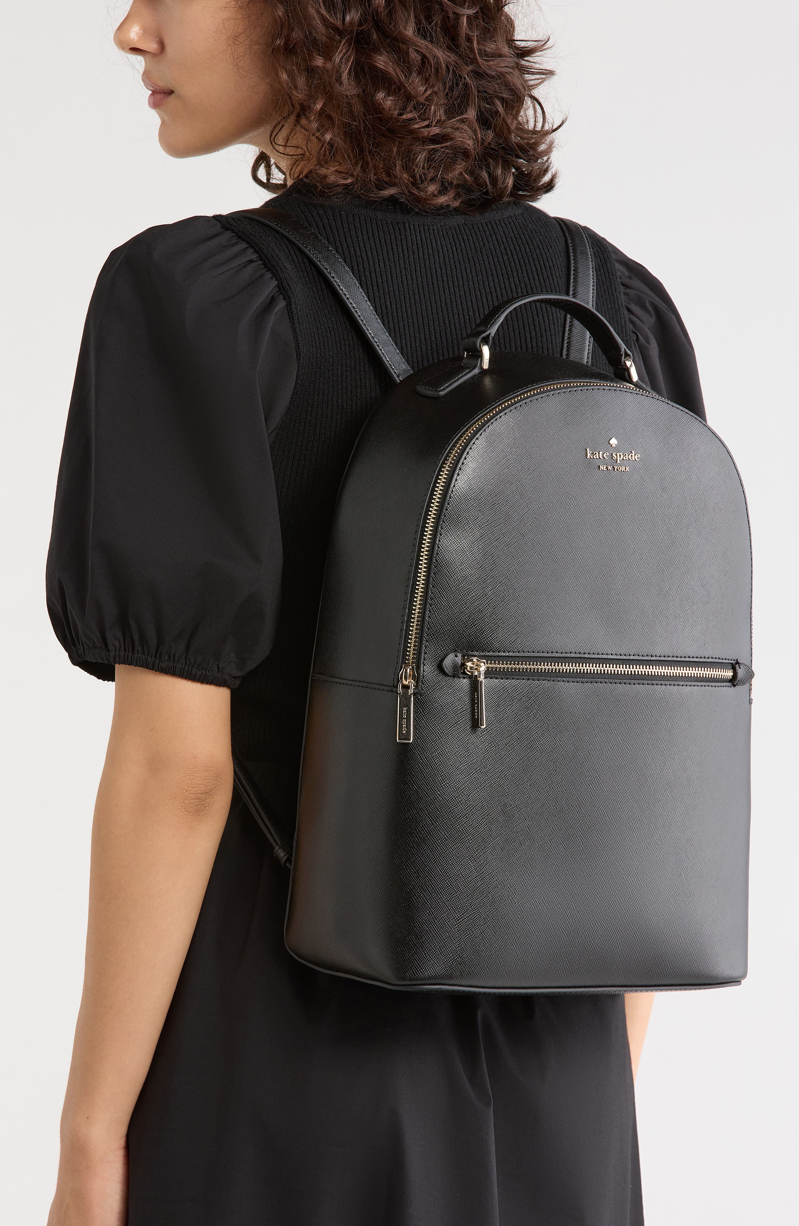 perry large saffiano leather backpack, Alternate, color, BLACK