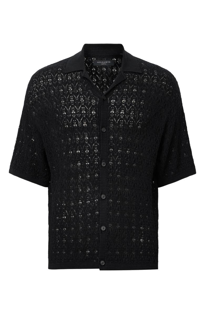 AllSaints Loire Open Stitch Cotton & Linen Button-Up Polo Sweater, Alternate, color, Black