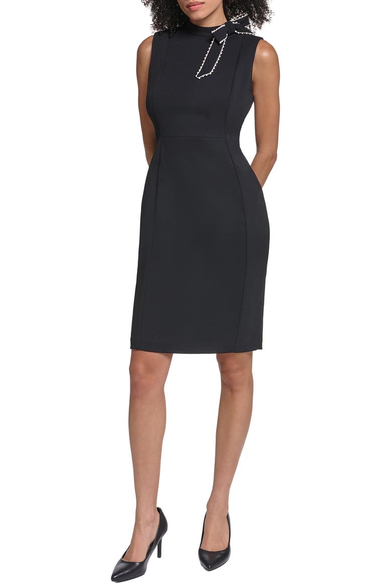 Bow Embellished Scuba Sheath Dress, Main, color, BLACK