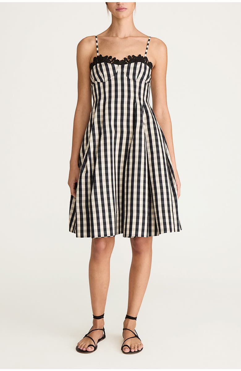 Rebecca Taylor Gingham Twill Embroidered Bustier Tea Dress, Main, color, Black Combo
