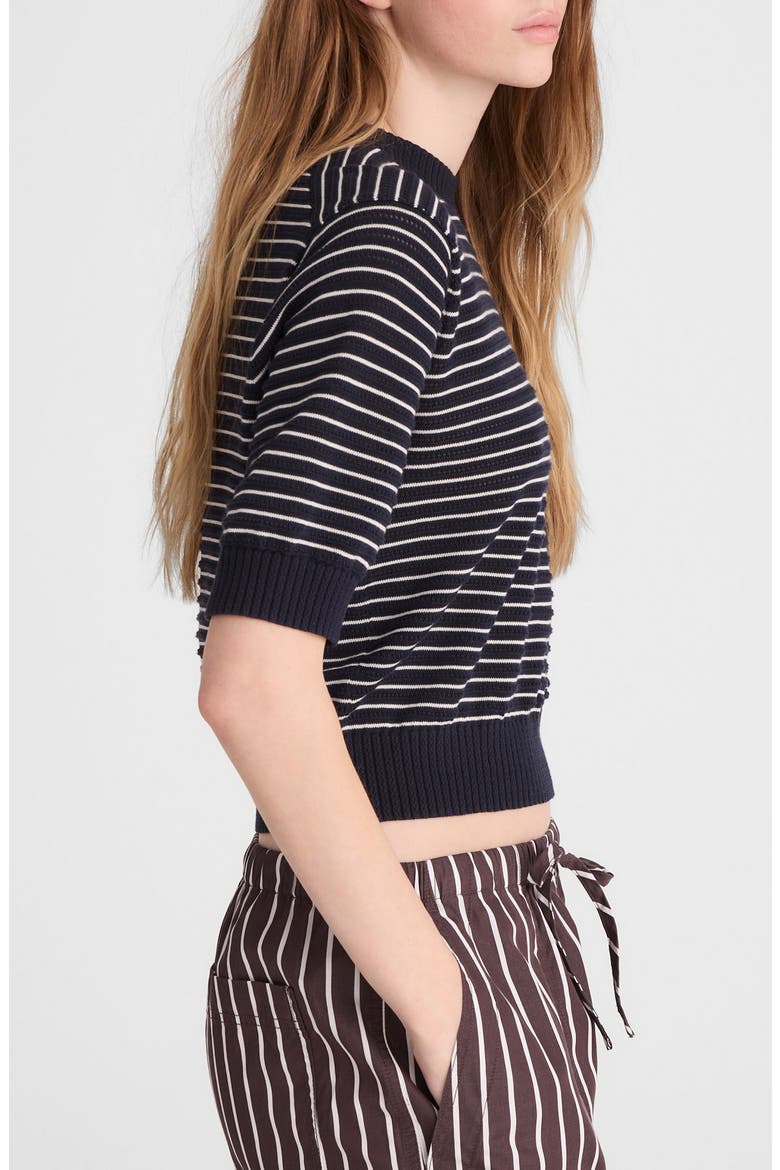 Textural Stitch Cotton Crewneck Sweater, Alternate, color, NAVY AND IVORY MINI STRIPE