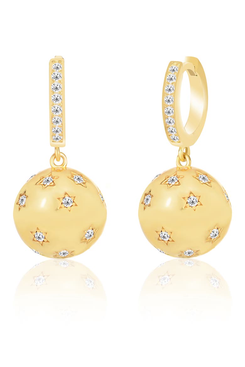 14K Gold Plate Sterling Silver CZ Huggie Ball Drop Earrings, Main, color, GOLD