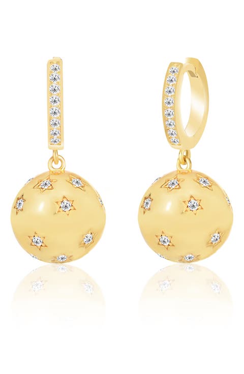 14K Gold Plate Sterling Silver CZ Huggie Ball Drop Earrings